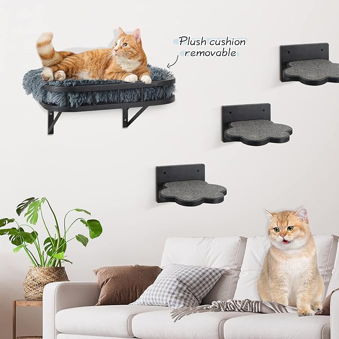 Cat Hammock Cat Wall Furniture with Cooling Mat and Plush Cushion and 3 Wall Steps, Wall Mounted Cat Shelves and Perches, Cat Climbing Shelf Cat Scratching Post for Sleeping, Playing, Gift for Cat