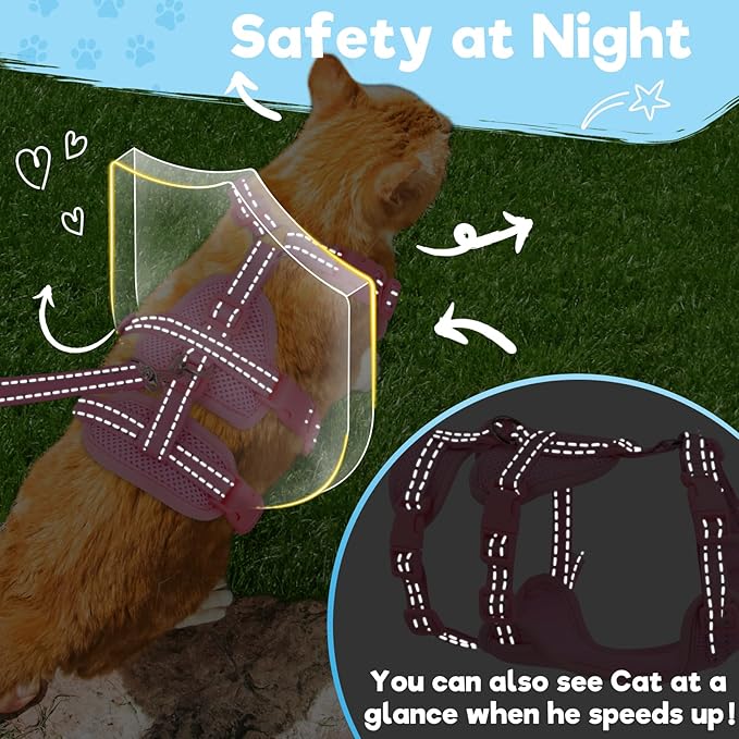 Cat Harness and Leash Set for Walking, Escape Proof Soft Vest Harness for Cats, Adjustable Reflective Kitten Harness for Small Medium Large Cats, Breathable Kitty Harness, Pink M