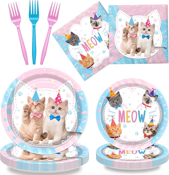 96PCS Cat Party Decorations Kitten Birthday Tableware Cat Paper Plates Meow Plates Napkins Dinnerware for Pet Kitten Baby Shower Party Supplies, Serves 24