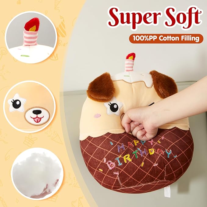 14" Birthday Cake Dog Plush Puppy Stuffed Animals Original Wink Dog Plushie Cuddle Pillows Happy Birthday Gift for Kids Boys Girls