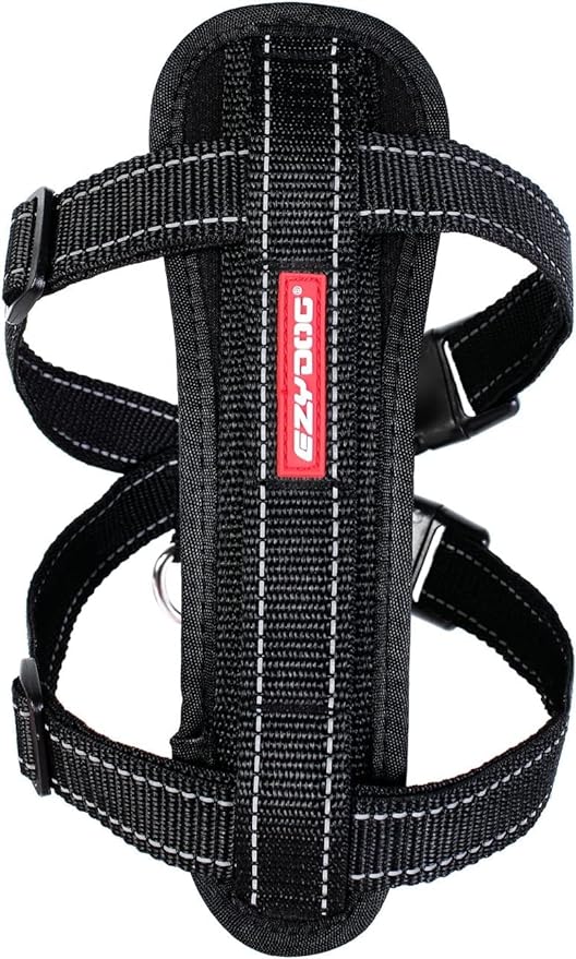 EzyDog Premium Chest Plate Custom Fit Reflective No-Pull Padded Comfort Dog Harness - Perfect for Training, Walking, and Control - Includes Car Restraint Attachment (Large, Black)