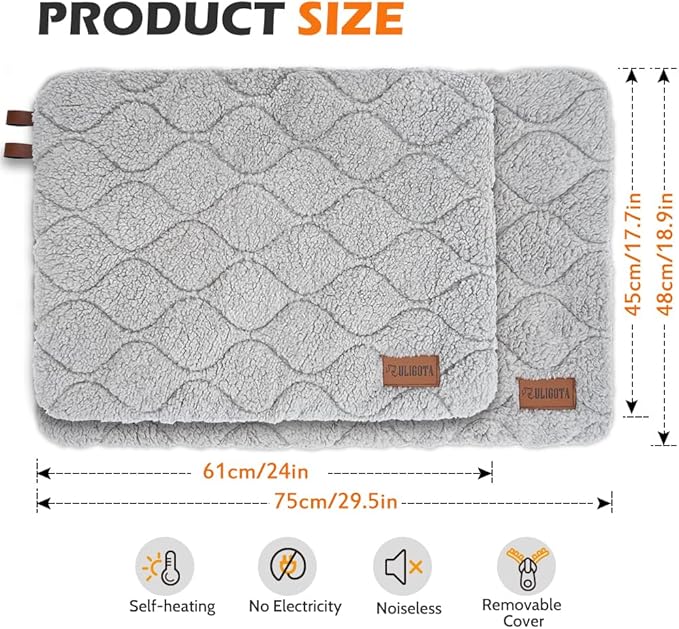 Self Warming Cat Bed Self Heating Cat Dog Mat 24 x 18 inch Soft & Fluffy Cat Bed Noiseless Thermal Pet Pad for Indoor Outdoor Pets with Removable Cover Non-Slip Bottom (24"L x 18"W x 1.2"Th)