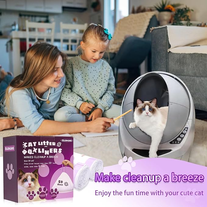 50 Pack Drawstring Cat Litter Box Liners Compatible with Litter-Robot 3/4, Waste Bags Heavy Duty for Automatic Self Cleaning Litter Box