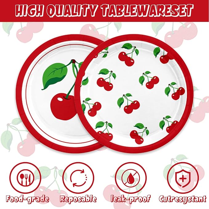 48Pcs Cherry Birthday Decorations Fruit Theme Tableware Set Disposable Plates Napkins Forks Serves 16 Baby Shower Cherry Party Decorations