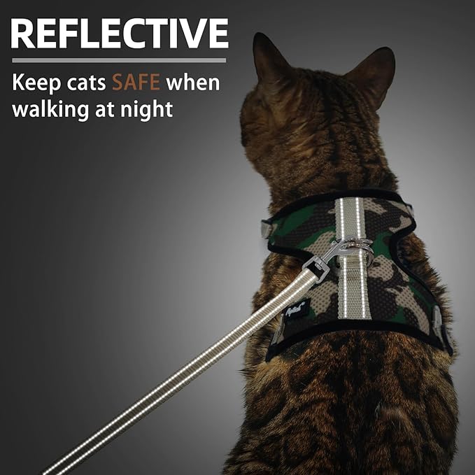 PUPTECK Cat Harness and Leash Set Escape Proof, Reflective Adjustable Soft Mesh Kitten Vest Harness for Walking Travel, Camouflage, M