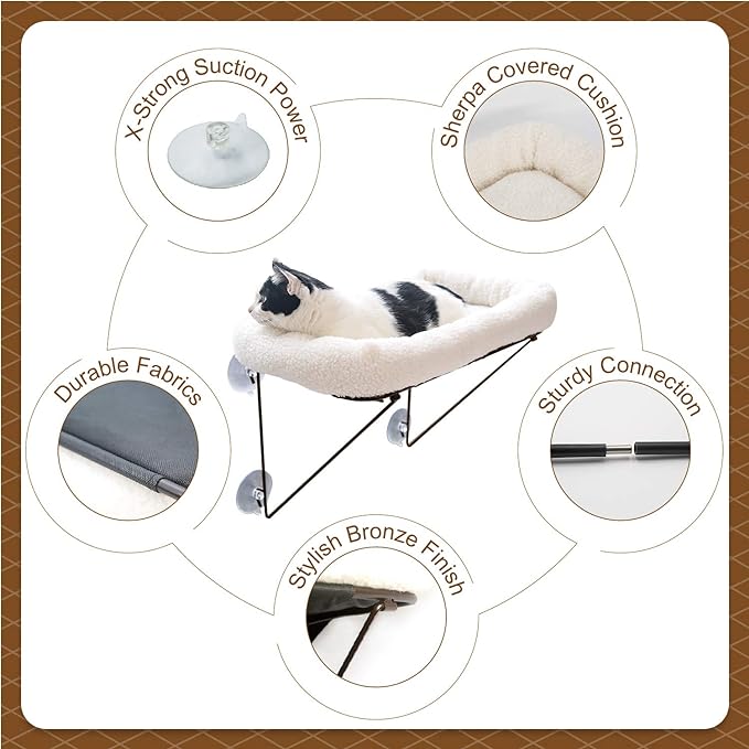 Cat Window Perch - 100% Metal Supported from Below - Comes with Warm Spacious Pet Bed - Cat Window Hammock for Large Cats & Kittens - for Sunbathing, Napping & Overlooking (White)