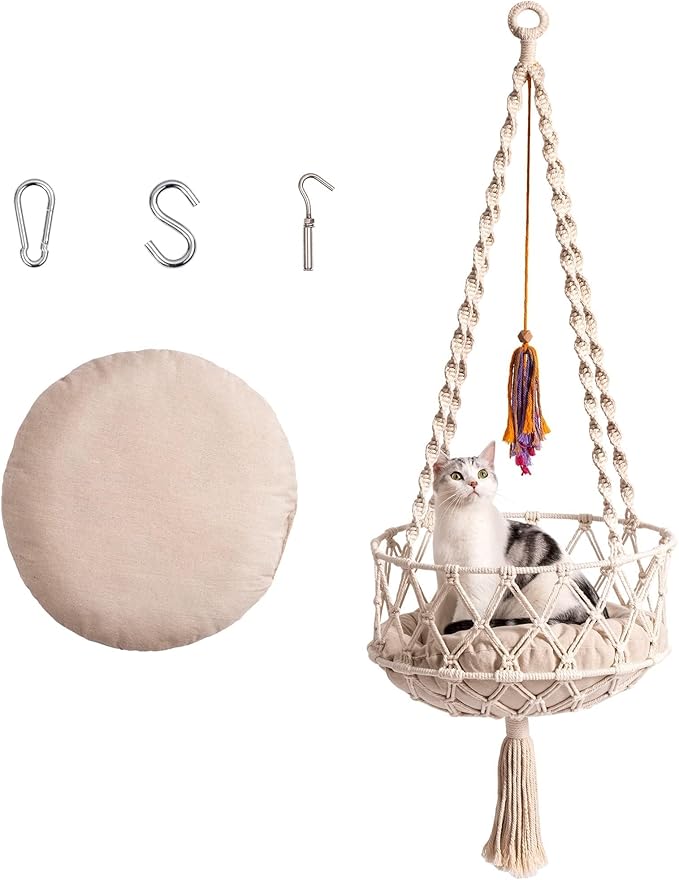 MEWOOFUN Hanging Macrame Cat Hammock Bed, Cat Swing Bed Space Saving Window Perch with Washed Cotton Mat & Funny Cat Toy for Indoor Cats