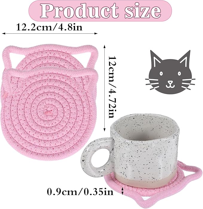 2Pcs Pink Cute Coasters for Desk, Cat Ear Shaped Coasters for Office Hot Tea Drink Juice, Handmade Fabric Table Protect Wooden Table Coffee Bar Decor