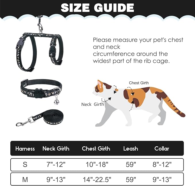 PAWCHIE Cat Harness with Leash and Collar Set - Escape Proof Adjustable Glow in The Dark Cat Harness for Kitty Outdoor Walking