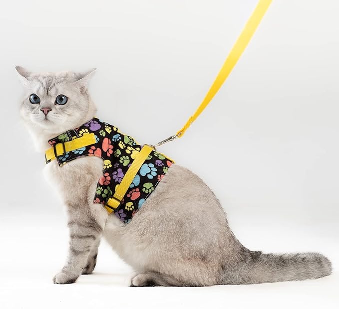 Cat Harness and Leash Set, Cats Escape Proof - Adjustable Kitten Harness for Large/Medium/Small Cats, Walking Travel Petsafe Harness (Yellow Paw, Large)