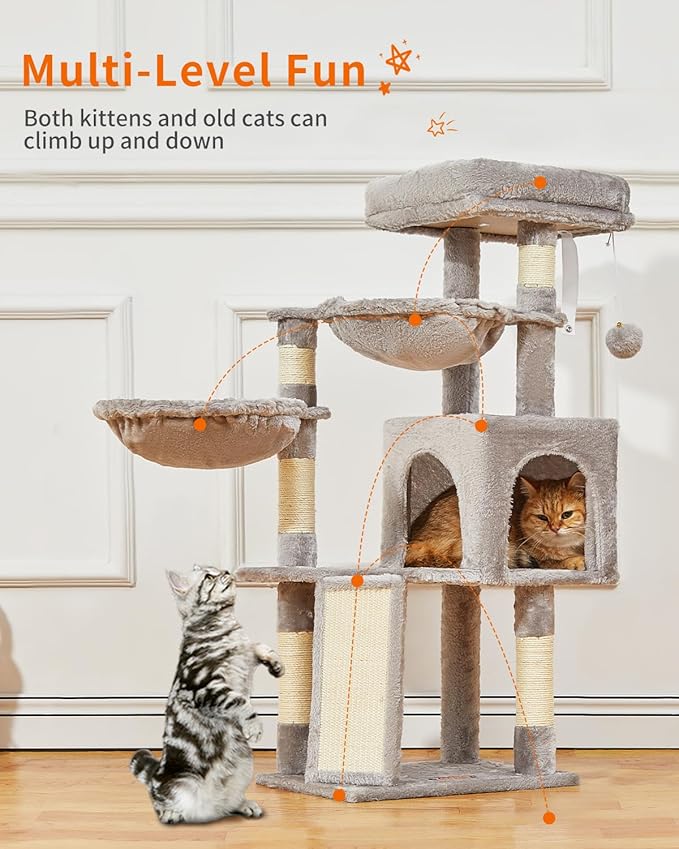 Taoqimiao Cat Tree, 37.4-Inch Cat Tower for Indoor Cats,Suitable for Kittens,Plush Cat Condo with 5 Scratching Posts, Plush Perch,2 Hammock,Pompoms, Scratching Ramp MS018W Light Gray