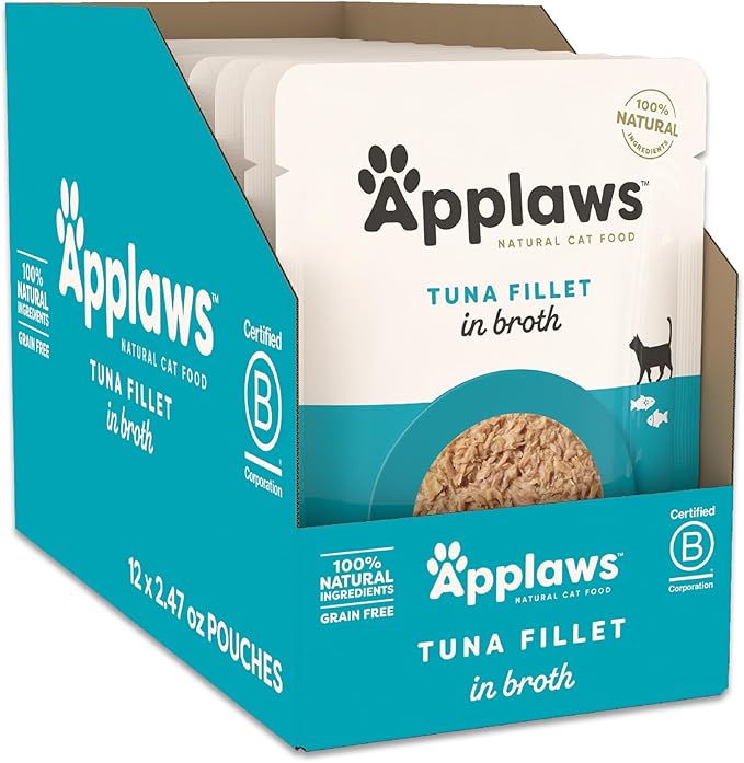 Applaws Natural Wet Cat Food in Broth, Limited Ingredient Wet Cat Food Pouches, No Additives, Made with Natural Ingredients, Tuna Fillet in Broth (12 x 2.47oz Pouches)