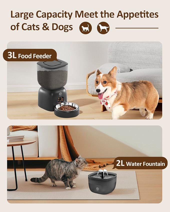 Automatic Cat Feeder with 3L Dry Cat Food Dispenser and 2L Water Fountain, Timed Feeder Dog with Portion Control and Daily Meals, Wire/Battery Automatic Feeders Black
