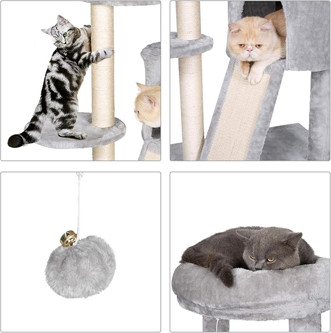 Hey-brother Cat Tree with Scratching Board, Cat Tower with Padded Plush Perch and Cozy Basket, Multi-Platform for Jump, Light Gray MPJ005W