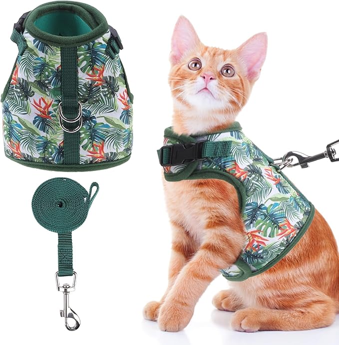 BINGPET Cat Harness and Leash Set Escape Proof for Walking,Step-in Harness with Lightweight Soft Breathable Mesh,Adjustable Easy Control Harness (Emerald Hues, M(Chest:10.5-13.5"))
