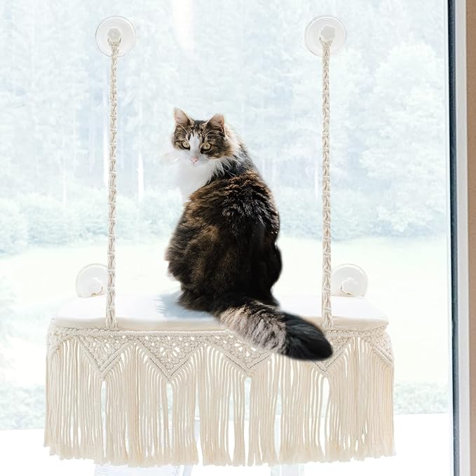 Dahey Macrame Cat Window Perch Boho Cat Hammock Wall Mounted Pet Resting Seat Bed for Indoor Cats Safety Space Saving kitty Swing Shelf with Tassel Holds up to 45 lbs with Screw Suction Cups, Gift
