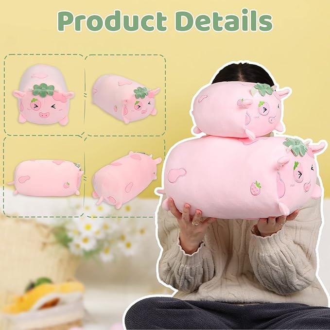 AIXINI Cute Strawberry Cow Plush Pillow 8” Cow Stuffed Animal, Soft Kawaii Plushies Hugging Plush Pillow Toy Gifts