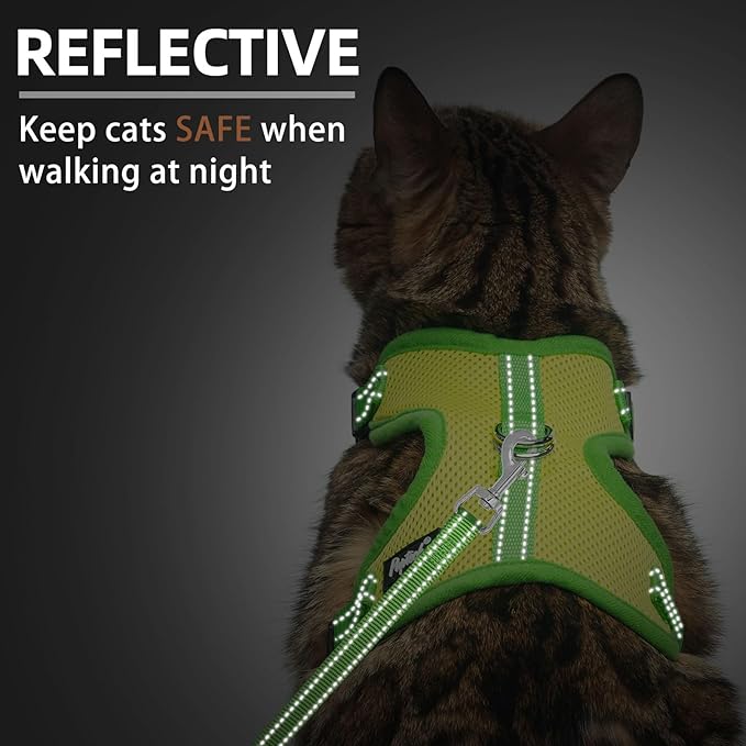 PUPTECK Cat Harness and Leash Set Escape Proof, Reflective Adjustable Soft Mesh Kitten Vest Harness for Walking Travel, Green, S