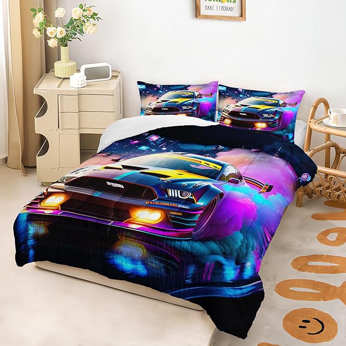 AILONEN Boys Kids Racing Car Bedding Set Twin Size,Neon City Speed Car Themed Soft Comforter with 2 Pillowcases for Room Decor,3 Pieces