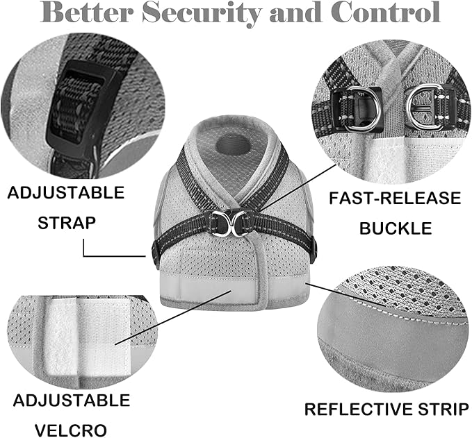 Cat Harness and Leash for Walking, Kitten Escape Proof Harnesses, Adjustable Reflective Puppy Harness with Leashes Set, Easy Adjustable Soft net Breathable Pet Safety Vest XS (Chest: 6" - 8") Grey