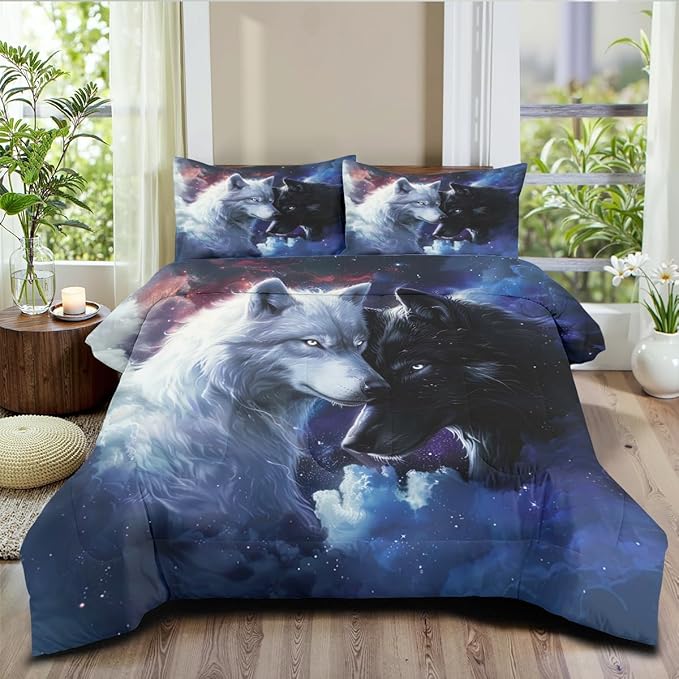 Animal Print Comforter Set Twin Wolf Bedding Set Wild Animals Bedding Black White Wolves Couple Comforter Soft Down Comforter with 1 Pillowcase