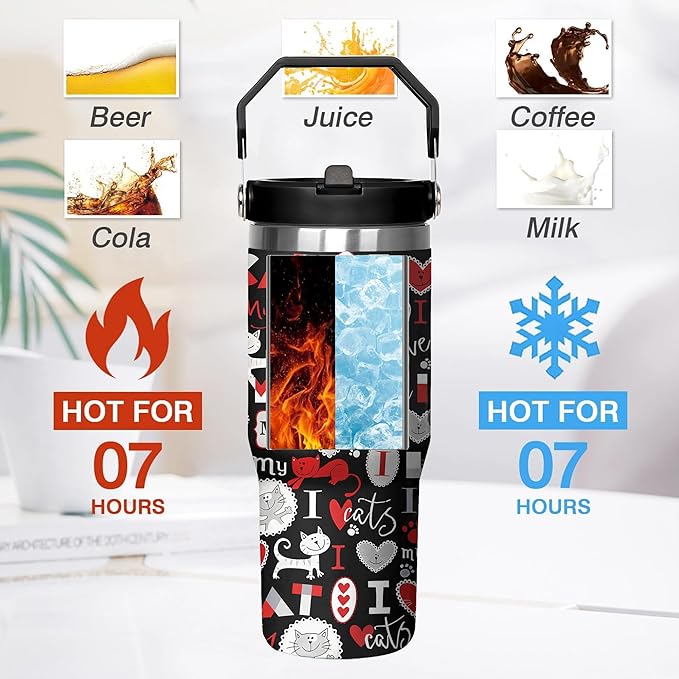 30 Oz Cat Tumbler with Straw and Handle, Insulated Cat Mugs for Cat Lovers, Double Wall Stainless Steel Cat Coffee Mug, Cat Mom Mug or Cat Dad Mug and 30 Oz Cat Cups Gifts for Cat Lovers for Women