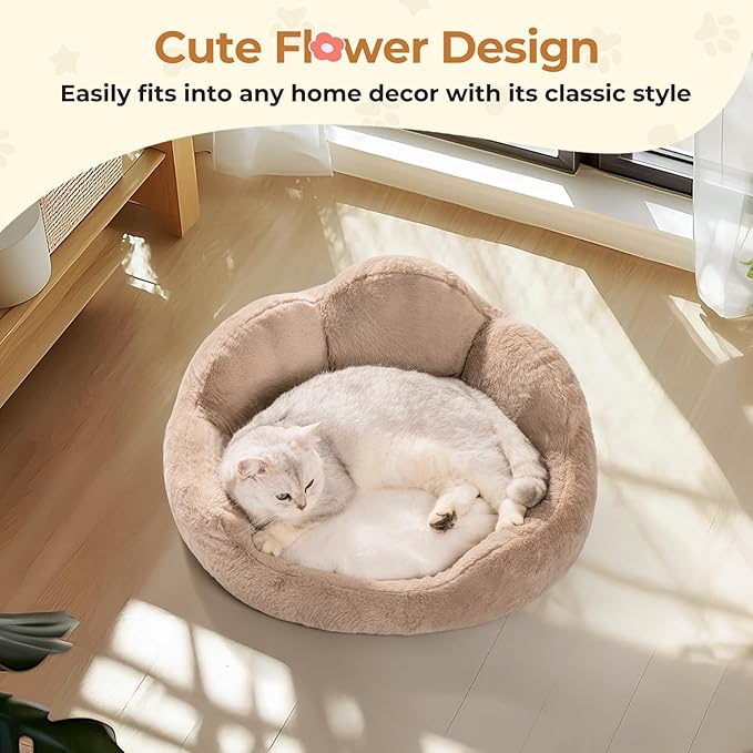 MEWOOFUN Cat Beds for Indoor Cats, Cozy Cute Cat Couch Bed Washable, Round Fluffy Small Dog Beds with Anti-Slip Bottom, Puppy Bed for Small Animals (Khaki, 23")