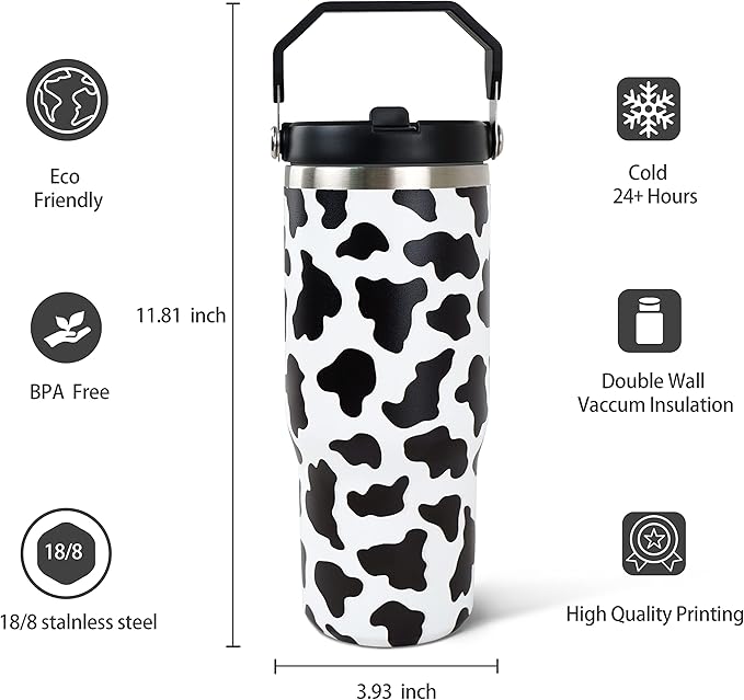 30oz Cow Print Tumbler with Handle and Straw, Stainless Steel Vacuum Insulated Coffee Tumbler, Travel Mug Water Bottle, Cow Stuff Accessories Decor, Cow Gifts for Women