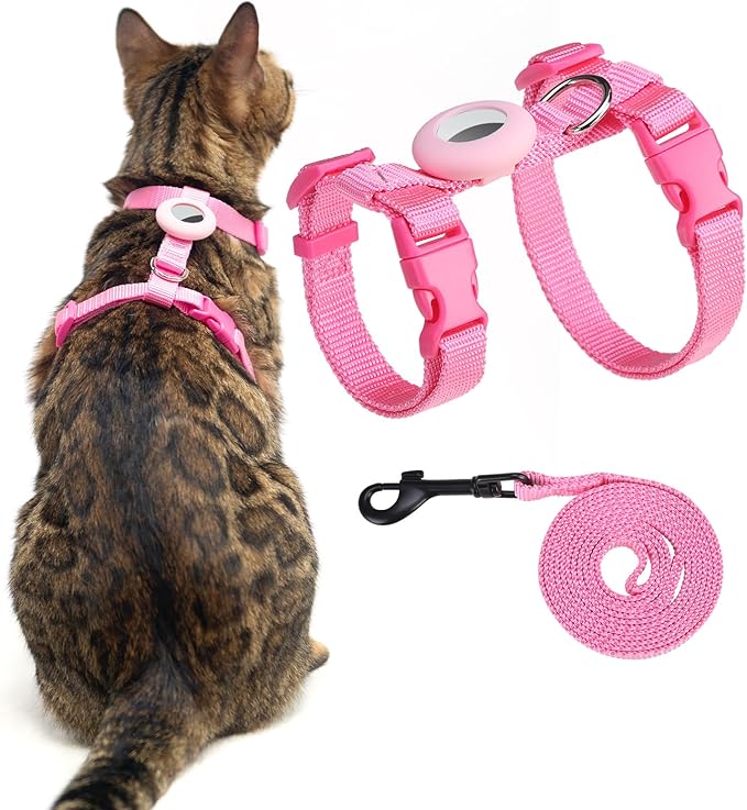Cat Harness and Leash Set Escape Proof for Walking, Adjustable Cute Kitten Harness Leash with Airtag Holder for Small Large Cats, Lightweight Soft Walking Travel Harness (Pink)