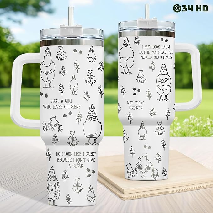 34HD Just A Girl Who Loves Chickens Tumbler with Lid & Straw, 40oz Vacuum Insulated Farmer Mug, Gifts for Chicken Lady Women Farmer, Chicken Lover Gifts for Birthday Christmas Mothers Day