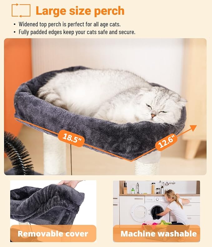 Happi N Pets Cat Tree Tower for Indoor Cats, Multi-Level Cat Tree with Scratching Posts & Pads, Cozy Cat Perch, Cat Self Groomer and Interactive Toys, Featuring with Large Cat Cave, Light Gray