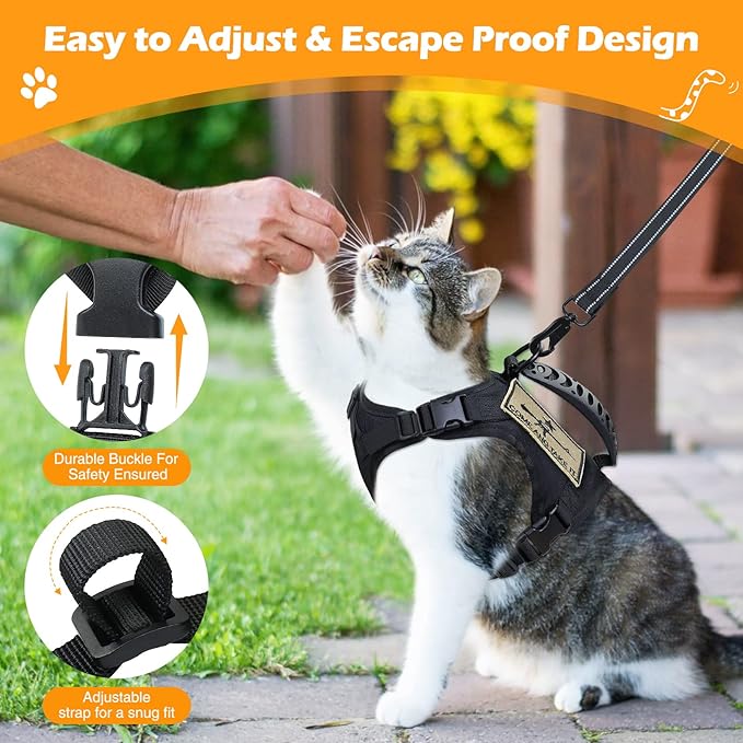 Tactical Cat Harness and Leash Set for Walking Escape Proof, Adjustable Large Cat Vest Harness with Molle Patches, Soft Mesh Padding, Rubber Handle Easy to Control Black