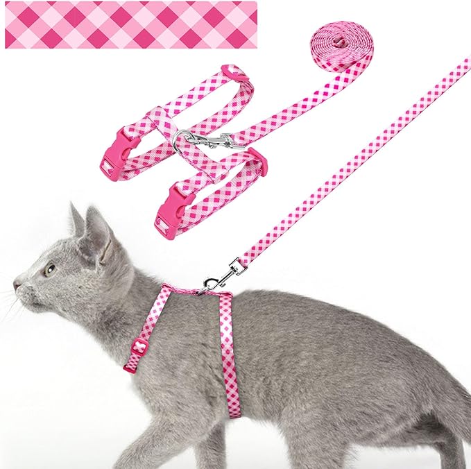 azuza Cat Harness and Leash Set for Safe Walking and Travel, Escape Proof Cat Harness, Lightweight Soft and Comfortable, Adjustable Kitten Harness for Small Medium Large Cats, Pink Plaid