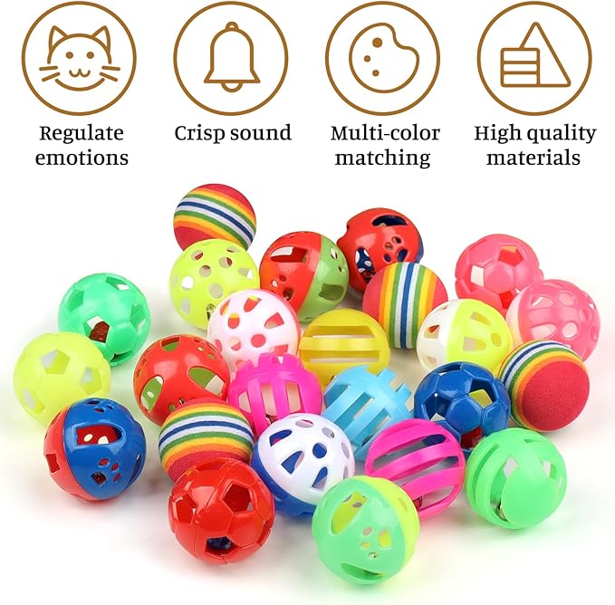 24pcs Value Pack Plastic Ball Cat Toys Lattice Balls with Bell Jingle Kitten Toy Rainbow Ball, Gift Box Styles