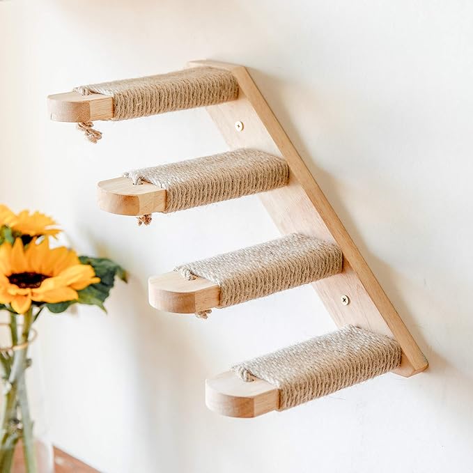 FUKUMARU Cat Climbing Shelf Wall Mounted, Four Step Cat Stairway with Jute Scratching for Cats Perch Platform Supplies