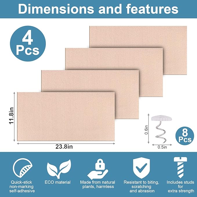 Mity rain 4PCS Cat Scratch Furniture Protector Mats 23.6“X11.8”Trimmable Self-Adhesive Cat Scratch Pads with 8PCS Furniture Nails Cat Couch Protector Mat for Pet Furniture DIY Beige