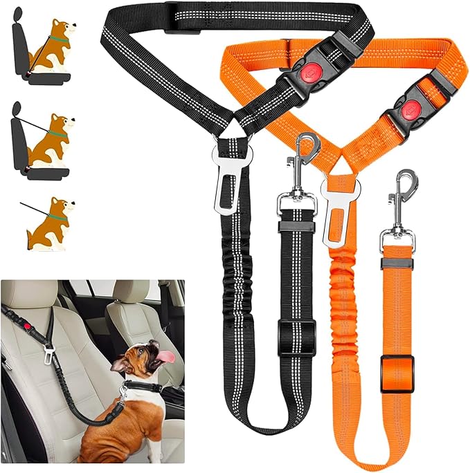 Removable Dog Seat Belt Harness for Car, 3 in 1 Pet Dog Car Seatbelt Leash, Retractable Restraint Secures to Vehicle Headrest & Adjustable Reflective Dog Seatbelt Tether