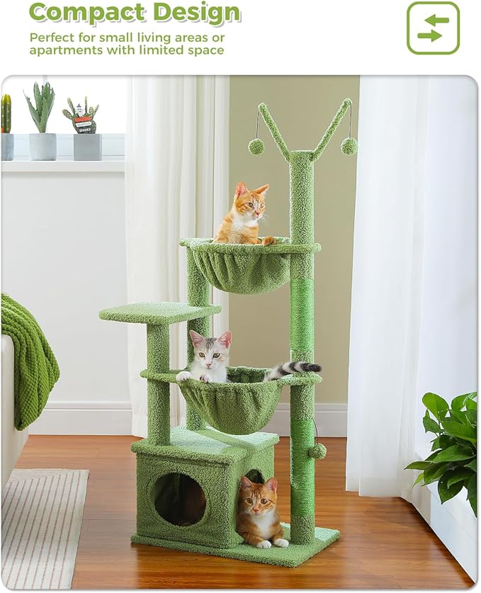 Cactus Cat Tree, 47.6" Cat Tower with 2 Metal Frame Hammock, Cat Scratching Post for Indoor Cats with 2 Removable Pompom Sticks for Kittens, Green
