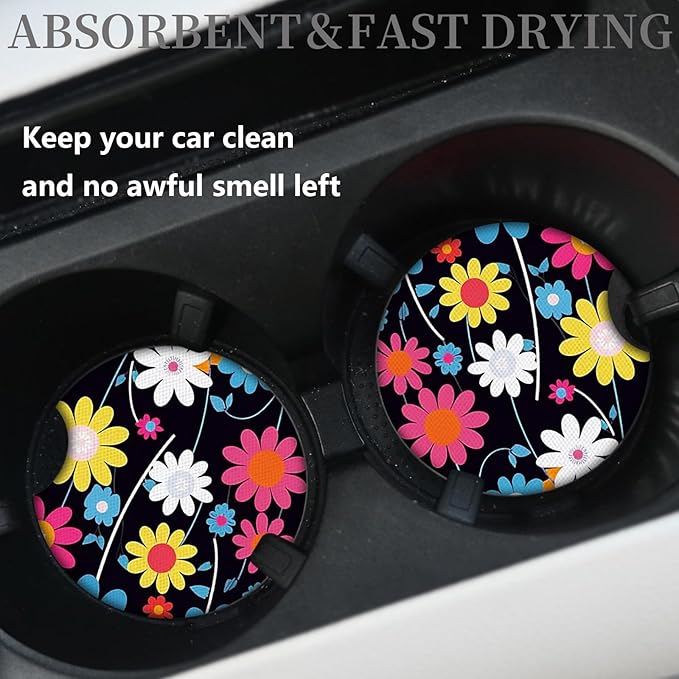 2pcs Colorful Flowers Car Cup Holder Coasters,Universal Non Slip Car Accessories,Cute Car Coasters with Finger Notch,Car Decoration Gifts, Accessory for Women&Men