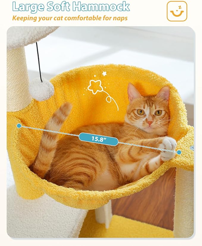 Cute Cat Tree with Flower Top Bed - Cloud Scratching Posts, 35" Small Cat Tower with Large Metal Frame Hammock for Indoor Cats, White Cat Condo for Kittens, Yellow