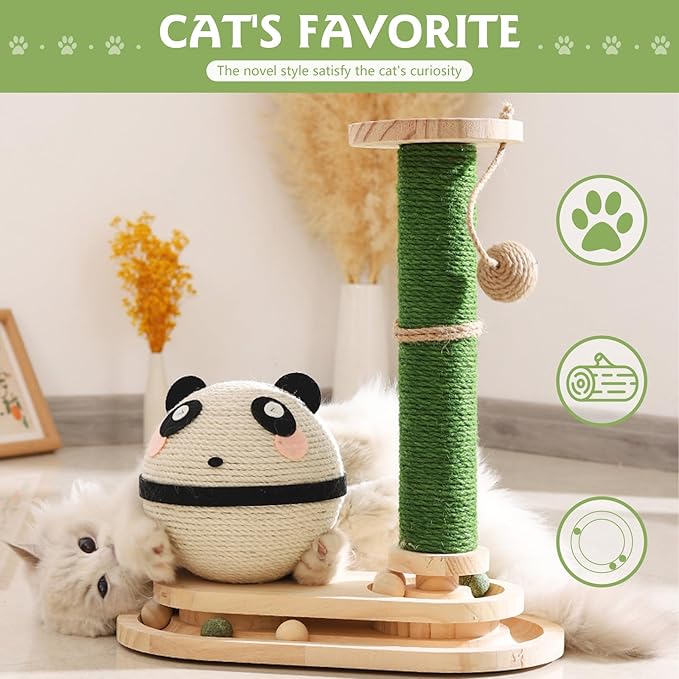 Cat Scratching Post, Panda Cat Grabs Sisal Ball Kitten Toys for Indoor Cats Wooden Ball Track Two-Layer Modern Sisal Cat Tree Tower Scratch Post Interactive Toy with Dangling Ball