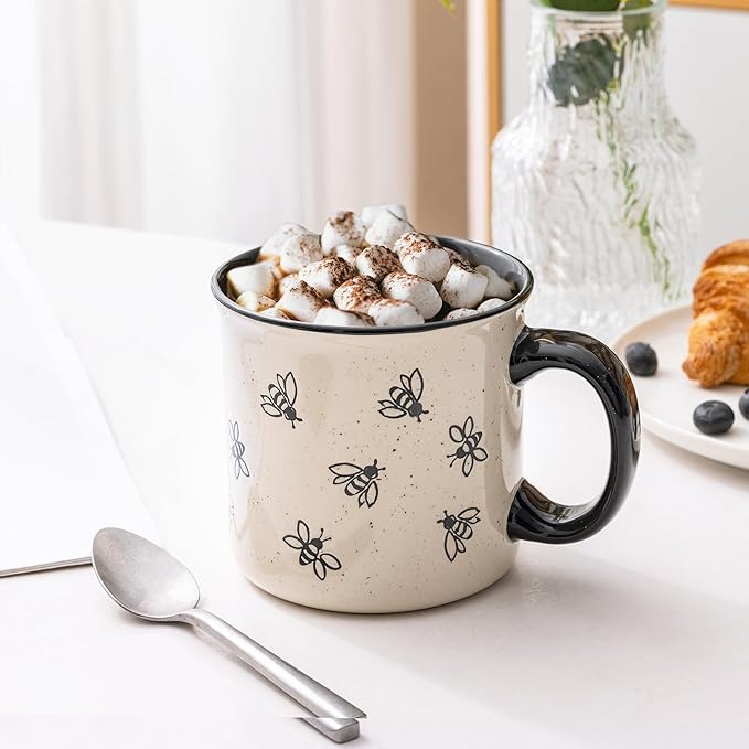 AmorArc 22 OZ Large Ceramic Coffee Mugs, Oversized Soup Cups With Big Handle for Men Women Dad Mom, Big Mug With Textured Bees Patterns for Office & Home -Microwave Safe, 2 Pcs-Black