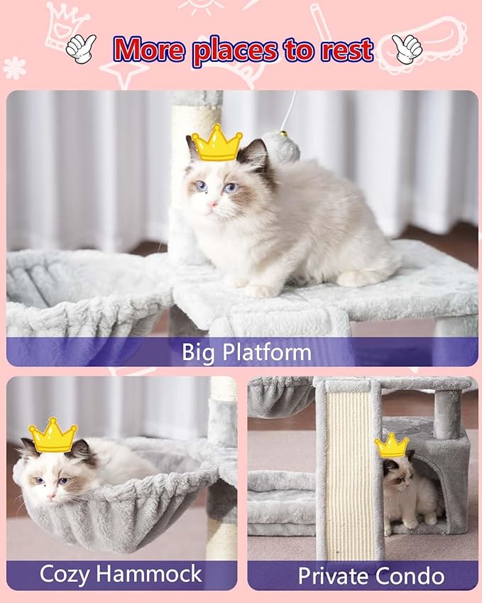 Cat Tree, Cat Tower with condo, Basket, Large Bed, Platform, Scratch Board, Cat Scratching Posts for Indoor Cats, Light Gray GCT002SW