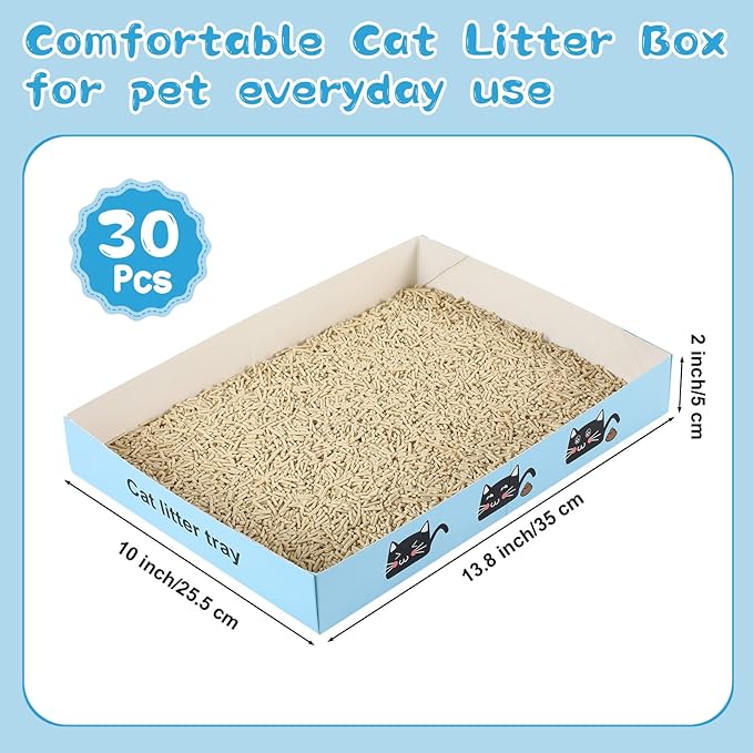 30 Pack Disposable Cat Litter Box Foldable Paper Kitty Tray 13.8x10x2 in Small Lightweight Cardboard Box Water Proof for Indoor Low Entry Easy Disposal Non Clumping Nice Absorption Portable (Blue)