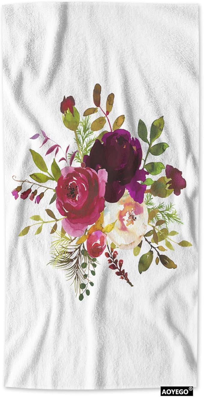 AOYEGO Floral Hand Towels Watercolor Boho Burgundy Red White Rose Flower Green Leaf Towel Highly Absorbent Soft Towel Kitchen Bath Decor for Women Men 15x30 Inch