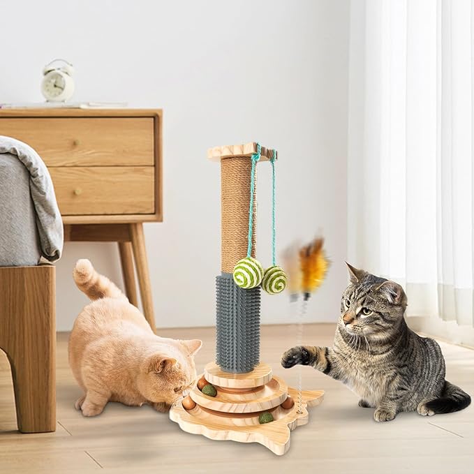 TONY HOBY Cat Scratching Post, Sisal Scratching Poles with 2 Hanging Balls, Cat Interactive Toy with Tickle Stick for Small Medium Cat (18 in, Beige)