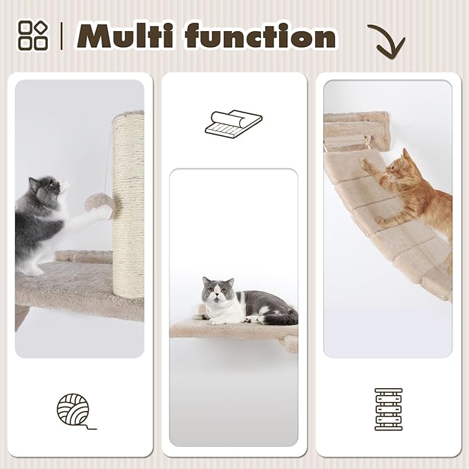 Cat Wall Shelves - 7 Pcs Luxury Wall-Mounted Cat Furniture Set, Including 2 Cat Wall Shelves, 2 Solid Wood Steps, 1 Cat Bridge Ladder, 1 Sisal Cat Scratcher Post, 1 Hanging Ball for Large Cats