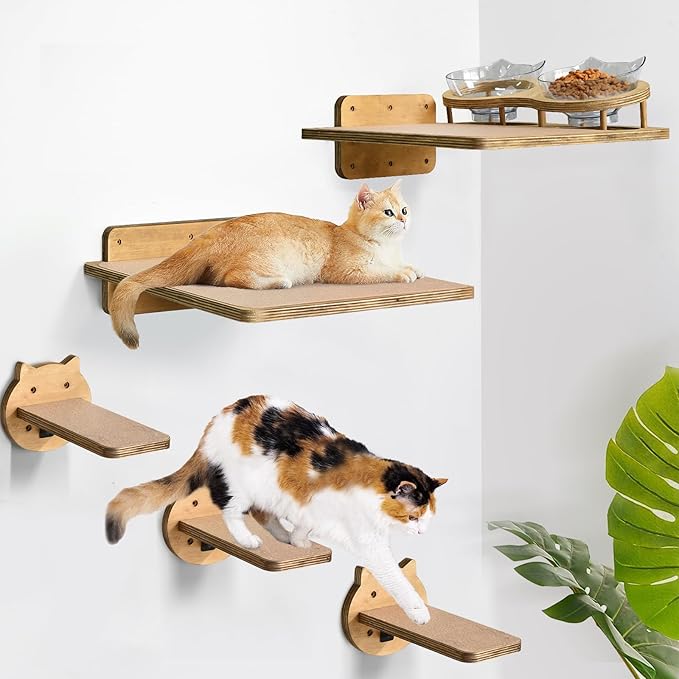 Cat Wall Shelves, Wood Cat Shelves for Wall with Cat Feeding Station, Cat Wall Furniture with 3 Cat Wall Steps, Cat Shelves and Perches, Wall Mounted Cat Climbing Shelf, Cat Lover Gift, 4 Board