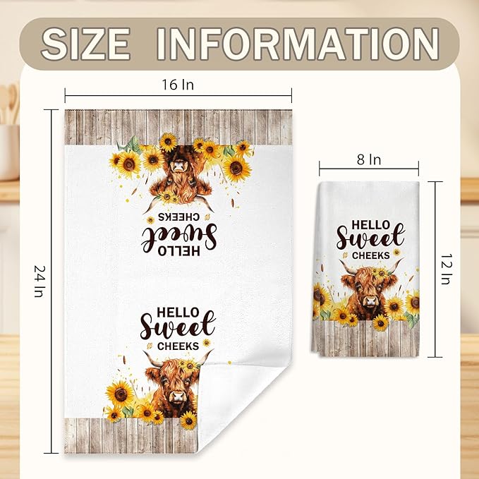 2 Pcs Highland Cow Gifts Highland Cow Kitchen Towels for Farmhouse Bathroom Kitchen Decor 24 x 16 Inch Highland Cattle Tea Hand Towels