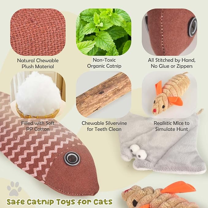 AccEncyc 3Pcs Cat Toys Mice Fish Catnip Toys Teething Interactive Catnip Silvervine Animals Toys for Indoor Kittens Cat Chew Toy Kitten Exercise Kicker Toys Cleaning Teeth Cat Gifts Kitty Toy